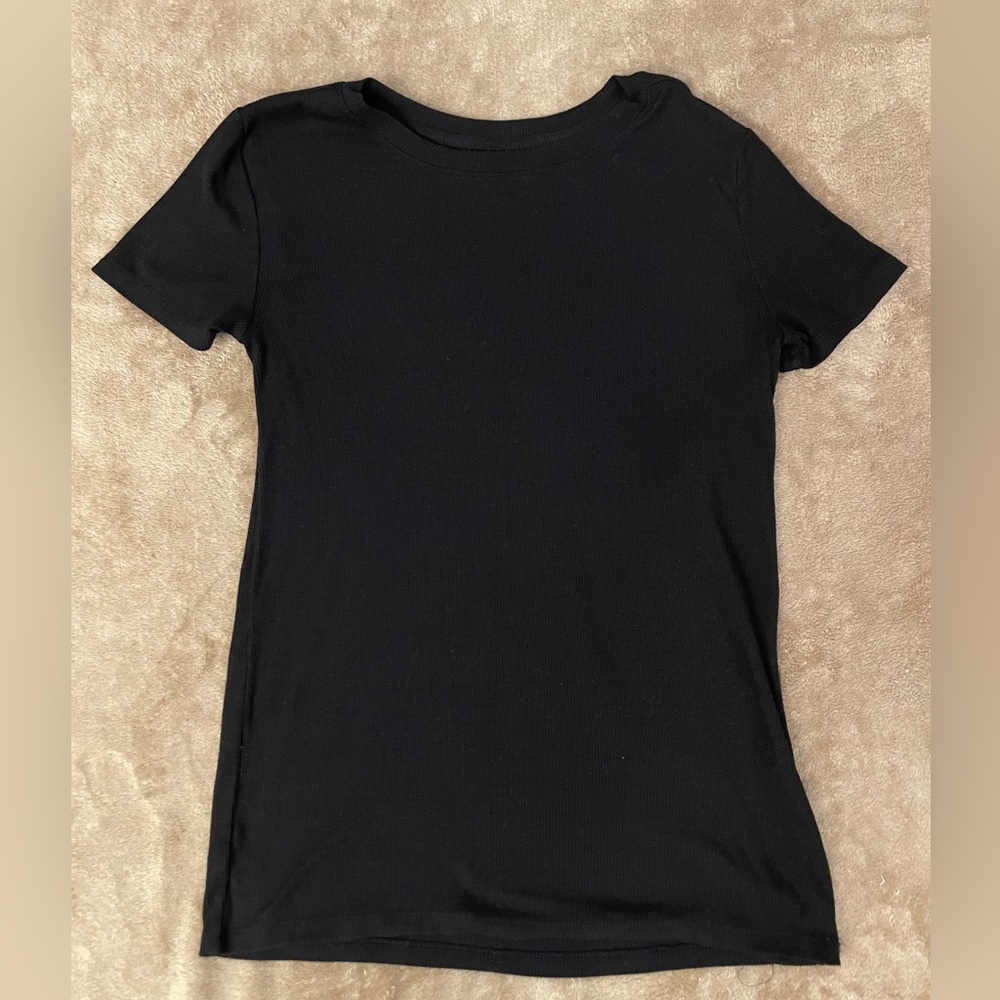 Loft Black T Shirt Womens Small Ribbed Short Sleeve Crewneck T-Shirt Classic